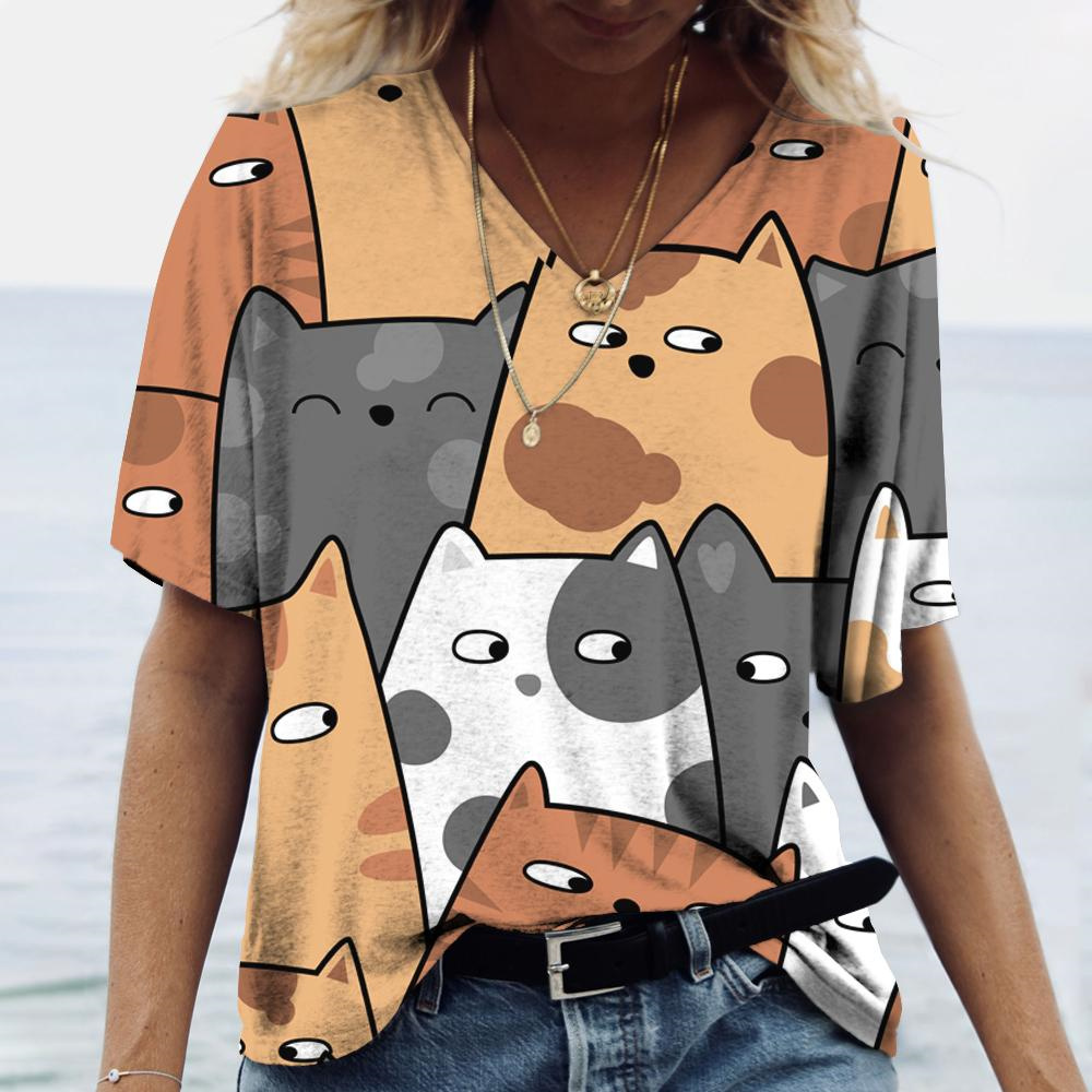 Summer Loving Clothing - Fashion V-neck Women's T-Shirts Cartoon Cat